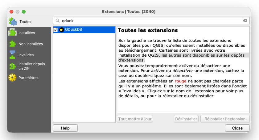 Installation du plugin QGIS QDuckDB